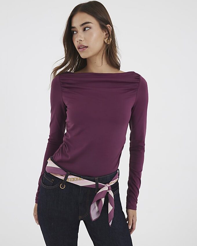 Purple Long Sleeve Ruched Drape Top