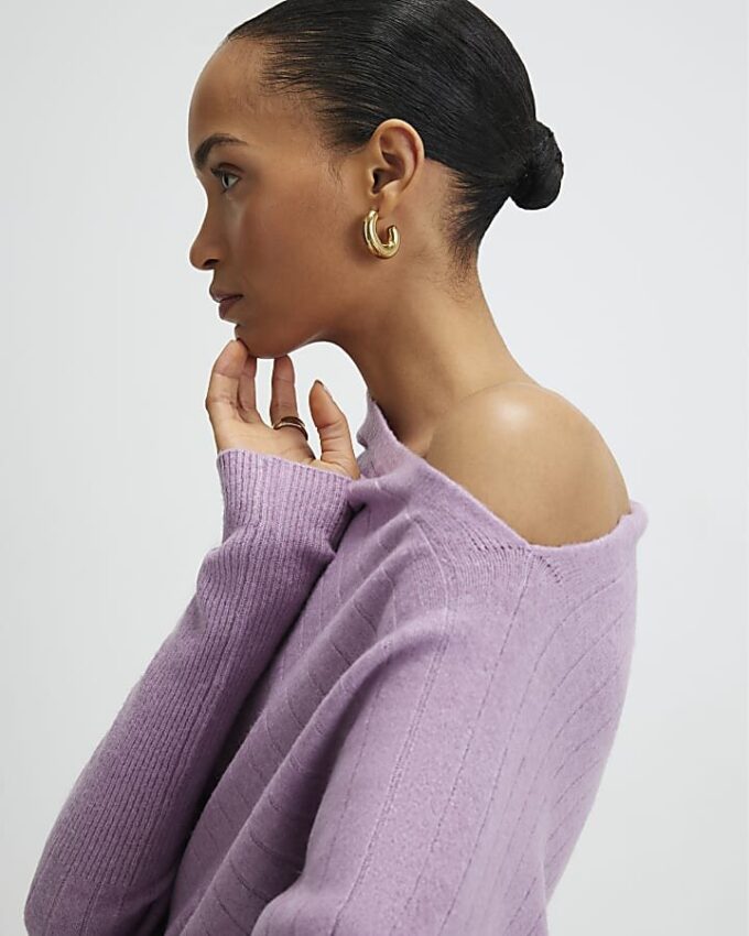 Purple Ribbed Off The Shoulder Jumper
