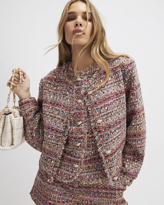 Red Boucle Cropped Bomber Jacket