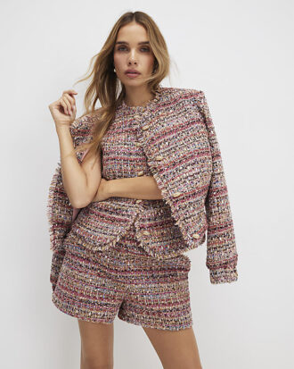 Red Boucle Fringed Hem Shorts