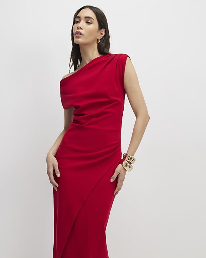 Red Draped Midi Dress