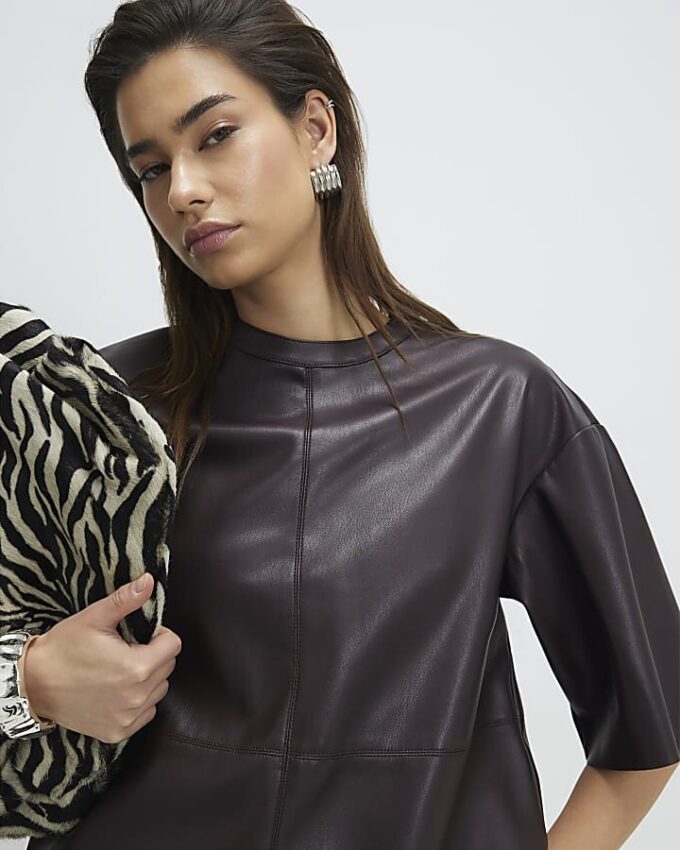 Red Faux Leather Seam Detail T-shirt