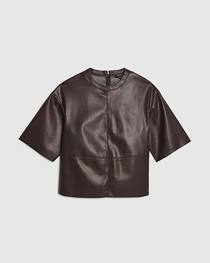 Red Faux Leather Seam Detail T-shirt
