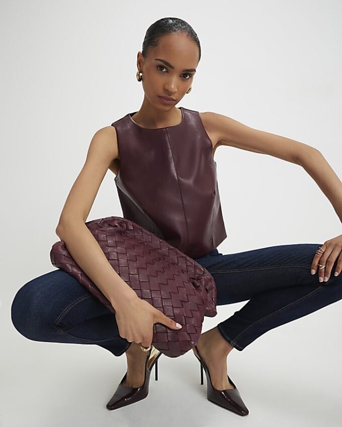 Red Faux Leather Shell Top
