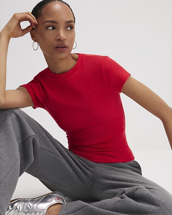 Red Fitted Ribbed T-shirt