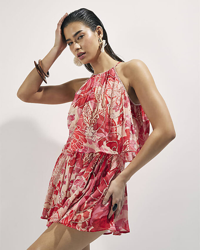 Red Floral Embellished Playsuit