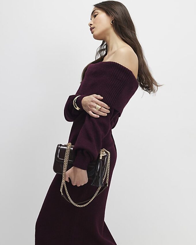 Red Knit Long Sleeve Bardot Midi Dress