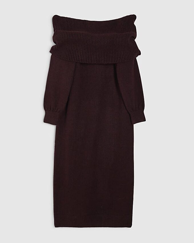 Red Knit Long Sleeve Bardot Midi Dress