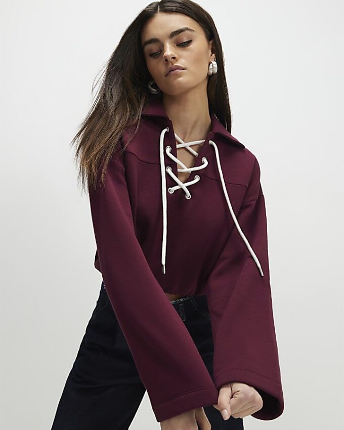 Red Lace Up Sweatshirt