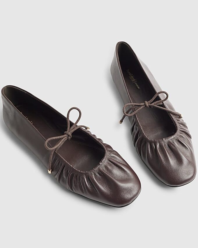 Red Leather Ruched Ballet Pumps