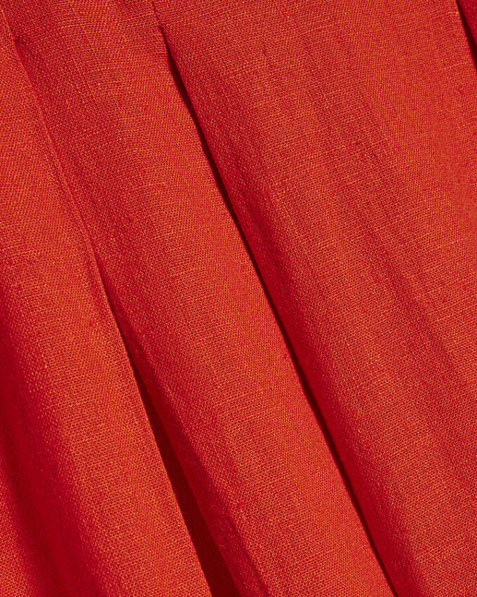 Red Linen Blend Shirred Midi Dress