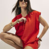 Red Linen Blend Tie Neck Top