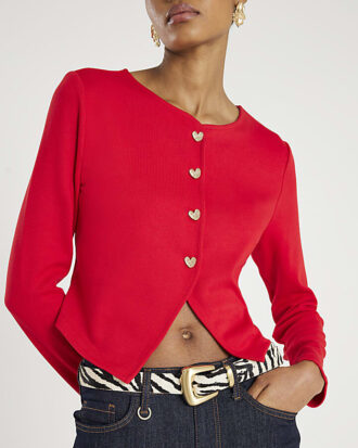 Red Long Sleeve Cropped Heart Cardigan