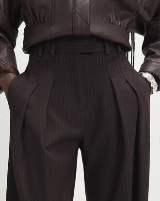 Red Pinstripe Pleated Wide Leg Trousers