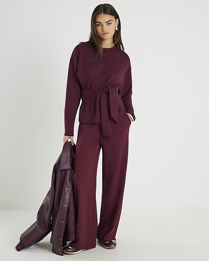 Red Premium Long Sleeve Tie Front Top