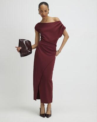 Red Stretchy Draped Midi Dress