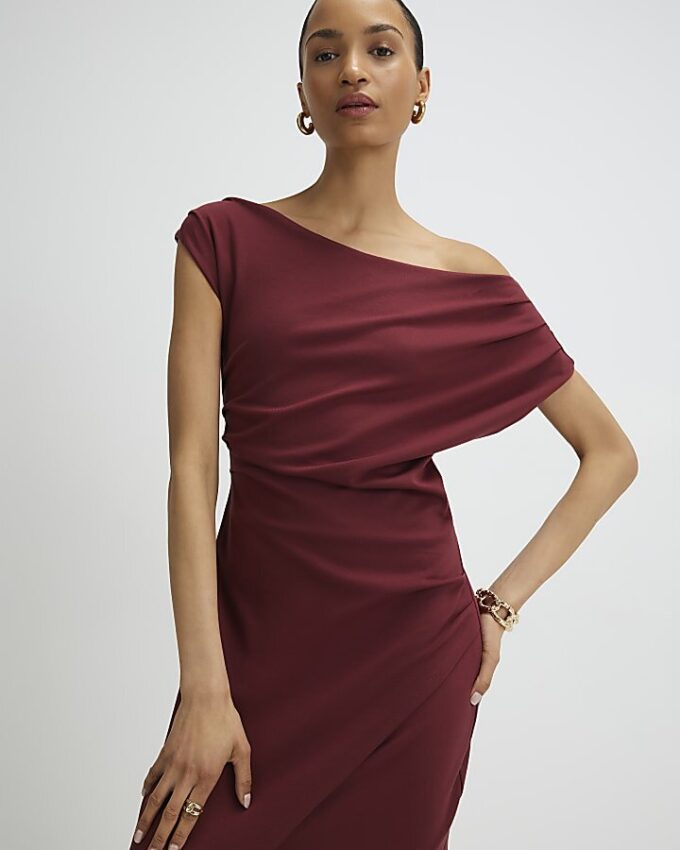 Red Stretchy Draped Midi Dress