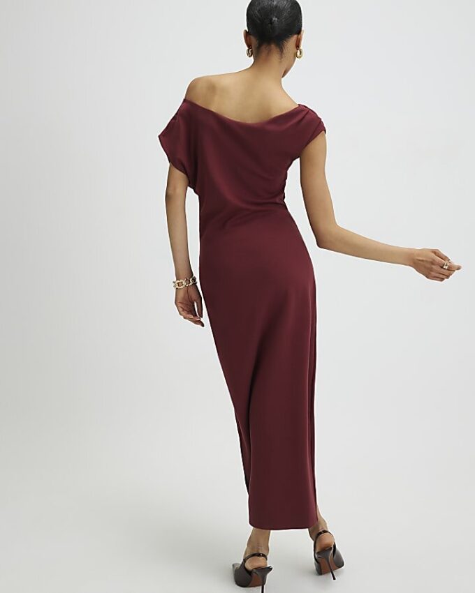 Red Stretchy Draped Midi Dress