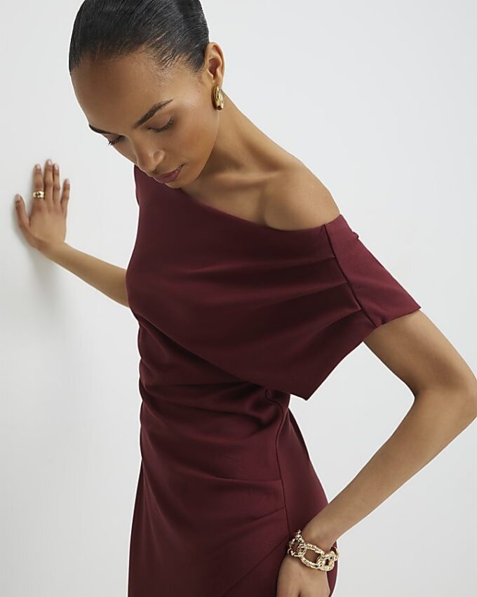 Red Stretchy Draped Midi Dress
