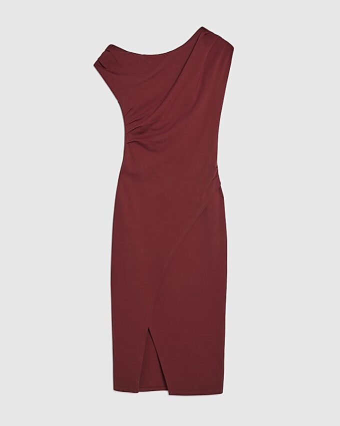 Red Stretchy Draped Midi Dress
