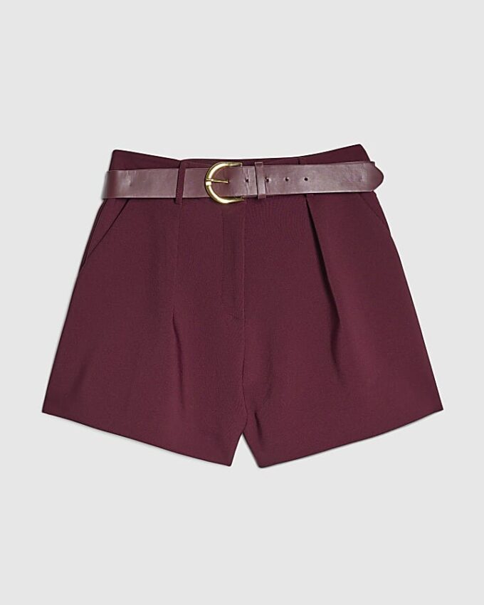 Red Structured Belted Shorts