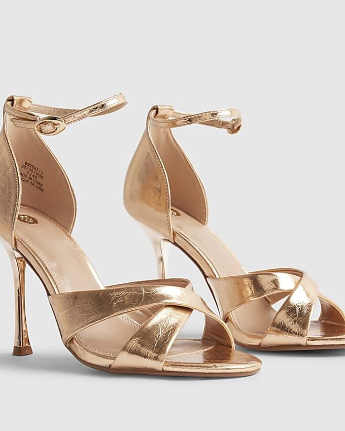 Rose Gold Cross Over Strap Heeled Sandals