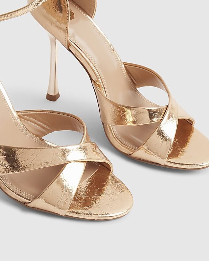 Rose Gold Cross Over Strap Heeled Sandals
