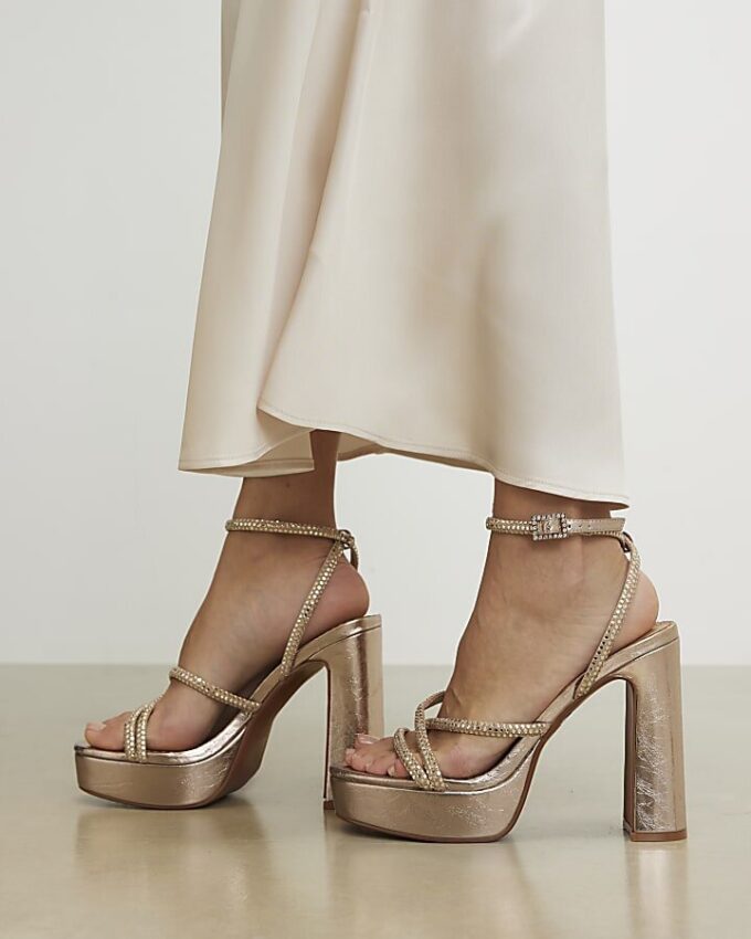 Rose Gold Diamante Platform Heeled Sandals