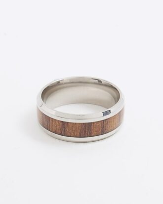 Silver Steel Wood Effect Inlay Ring