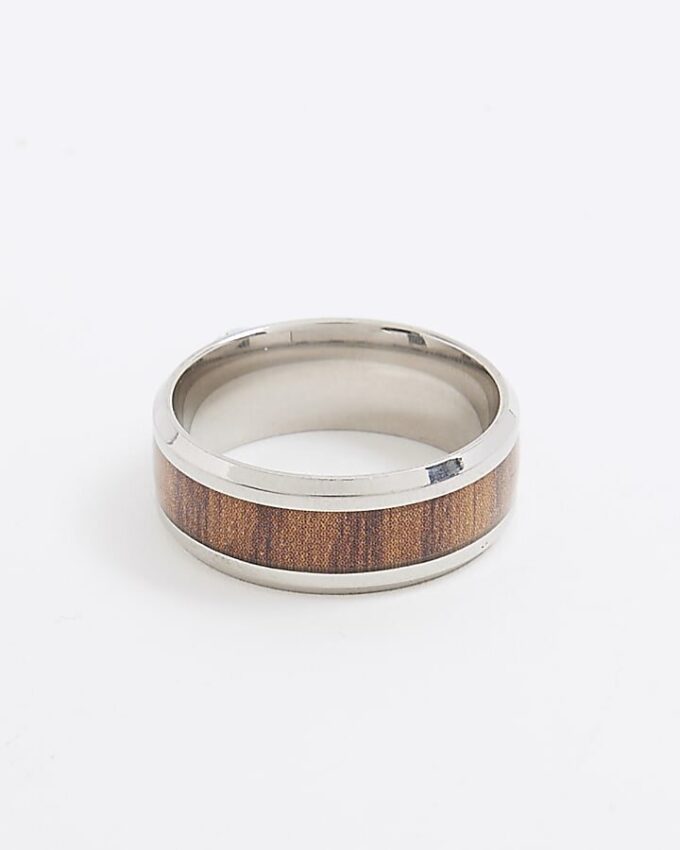 Silver Steel Wood Effect Inlay Ring