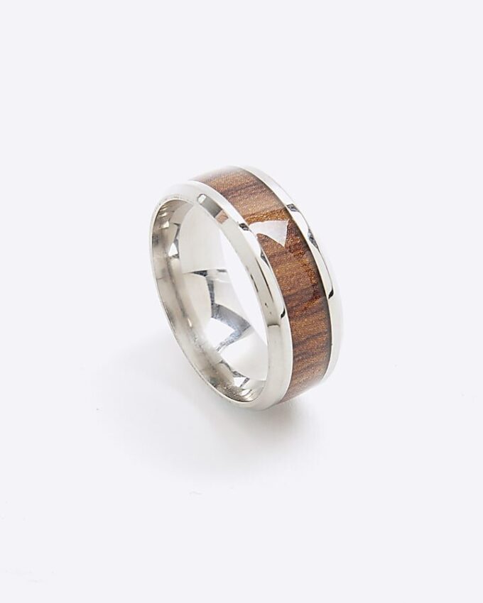 Silver Steel Wood Effect Inlay Ring