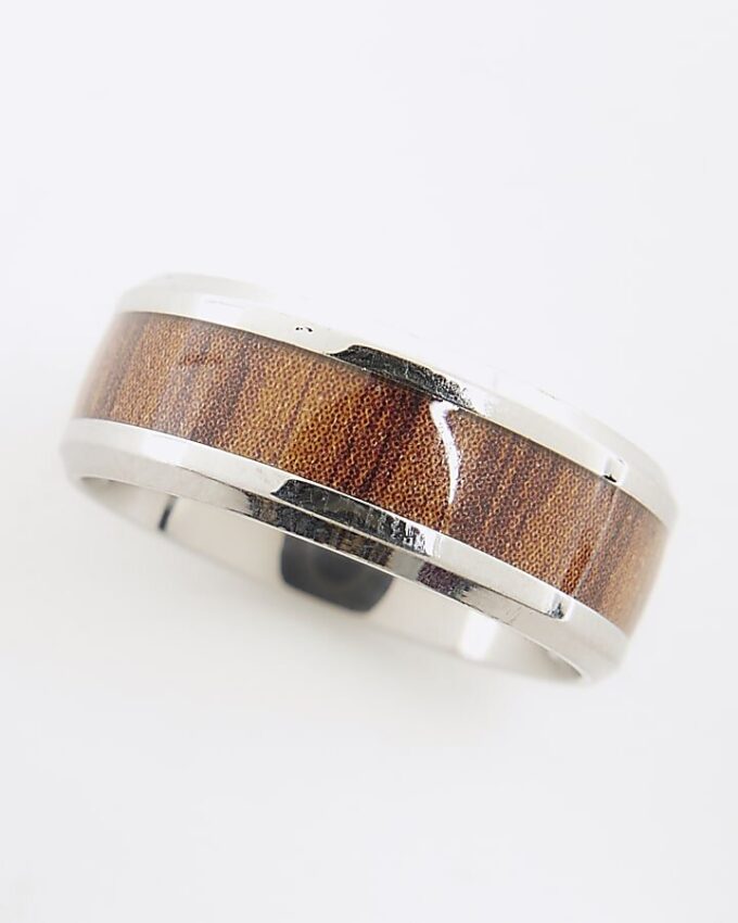 Silver Steel Wood Effect Inlay Ring