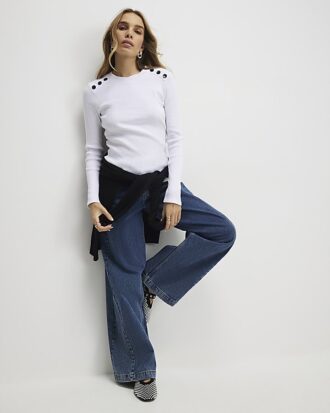 White Button Shoulder Rib Top