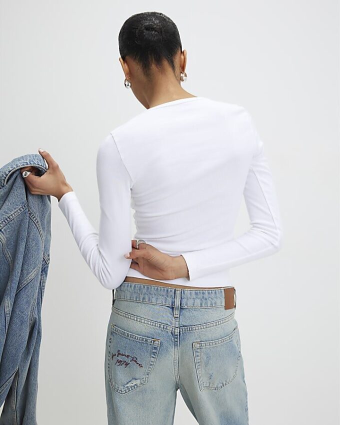 White Cotton Long Sleeve Fitted Top