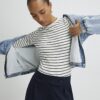 White Crew Neck Ribbed Stripe Top