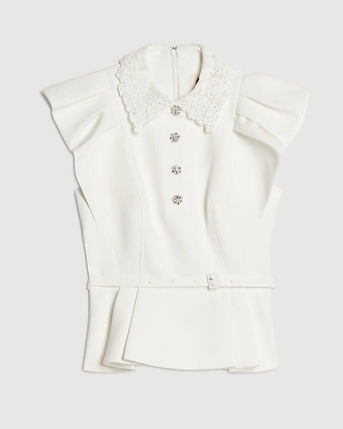 White Frill Sleeve Diamante Peplum Top