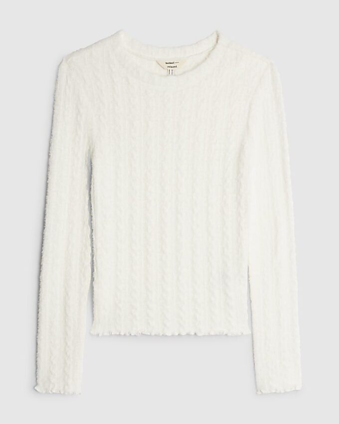 White Long Sleeve Cable Knit Fitted Top