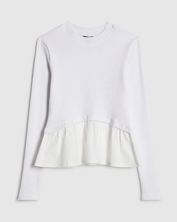 White Long Sleeve Poplin Hem Top
