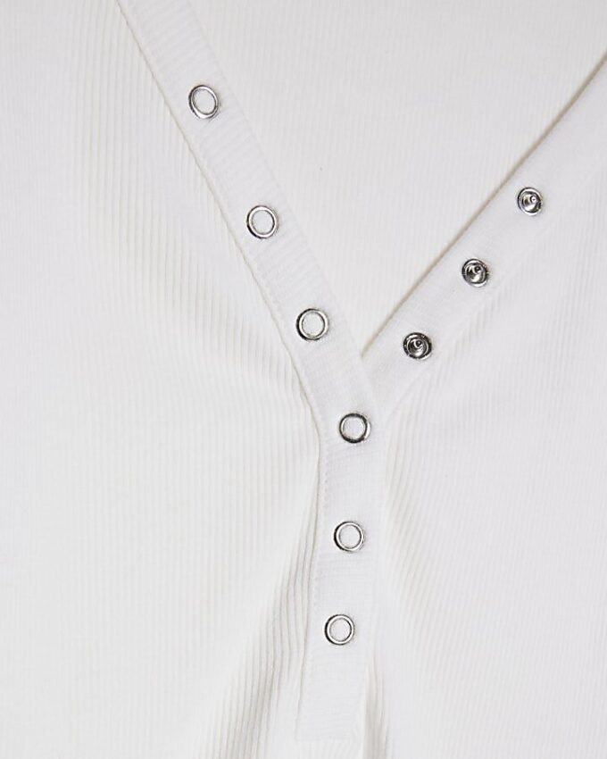 White Long Sleeve Popper Ribbed Top