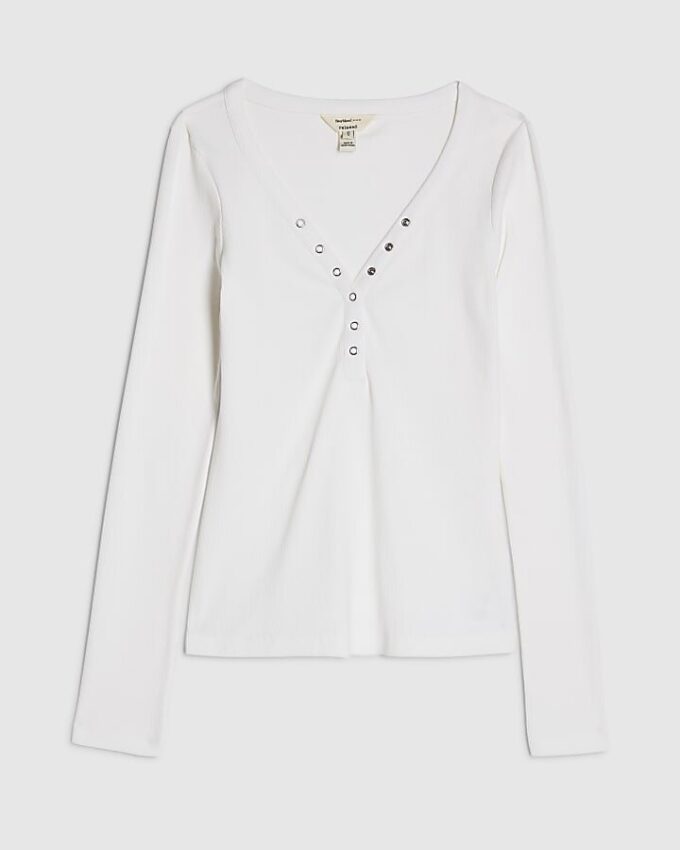 White Long Sleeve Popper Ribbed Top