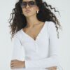White Long Sleeve Popper V Neck Ribbed Top