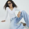 White Long Sleeve Popper V Neck Ribbed Top
