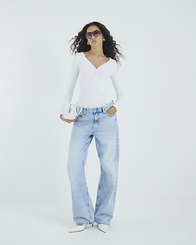 White Long Sleeve Popper V Neck Ribbed Top