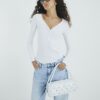White Long Sleeve Popper V Neck Ribbed Top