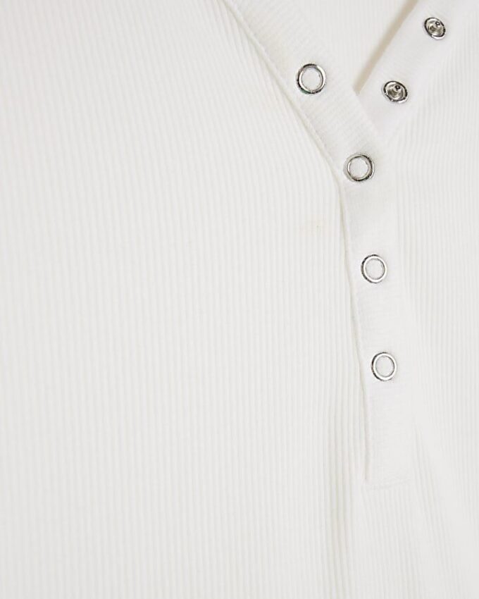 White Long Sleeve Popper V Neck Ribbed Top