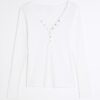 White Long Sleeve Popper V Neck Ribbed Top