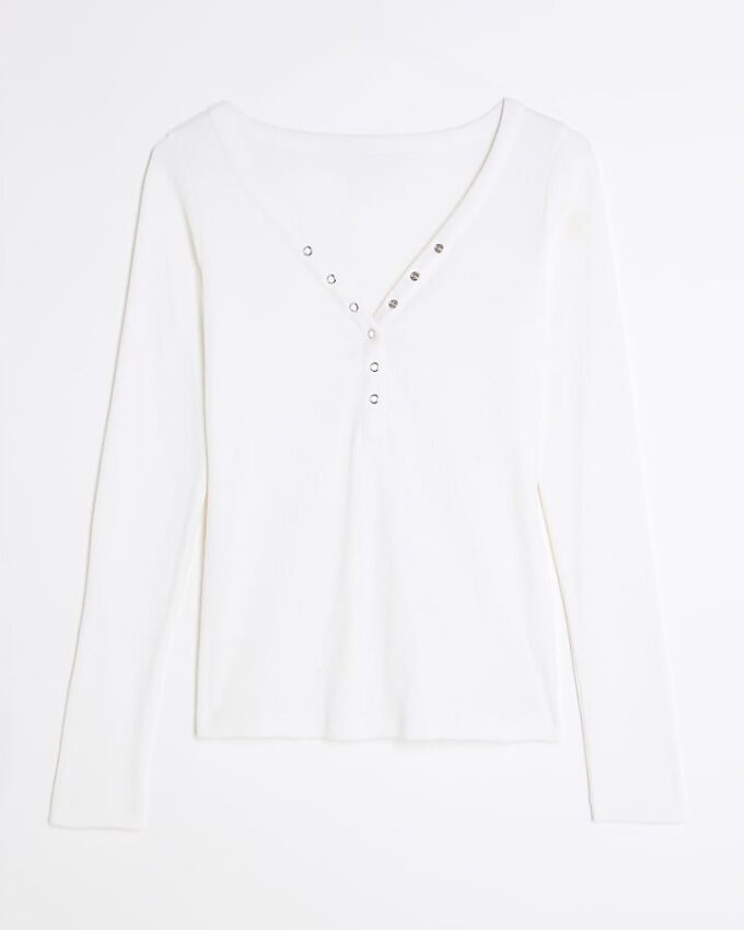 White Long Sleeve Popper V Neck Ribbed Top