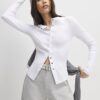 White Long Sleeve Ribbed Popper Top