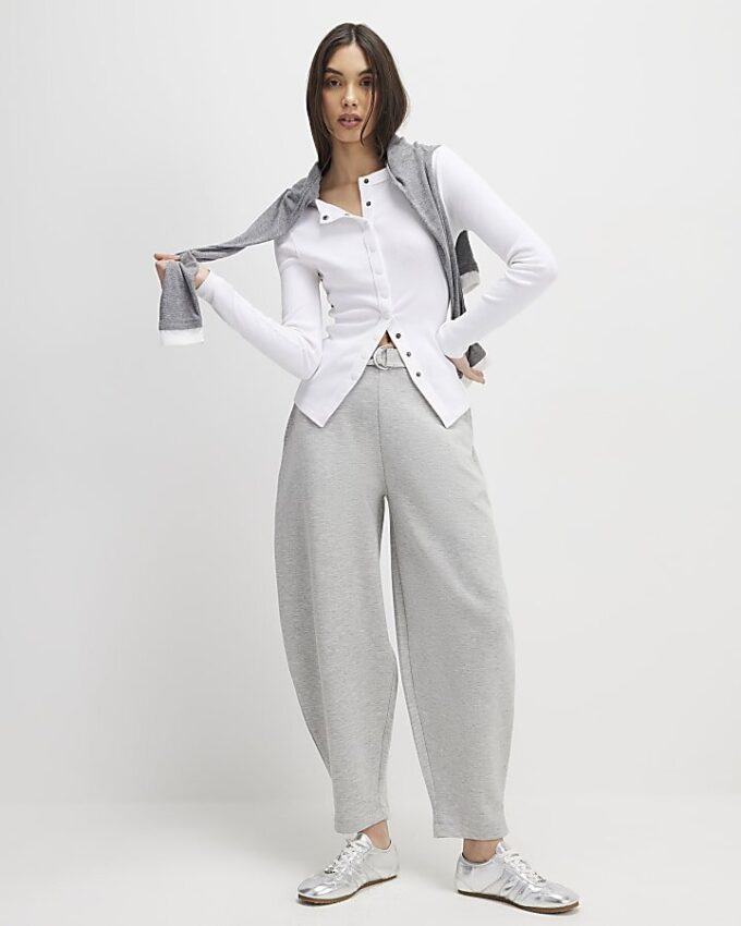White Long Sleeve Ribbed Popper Top