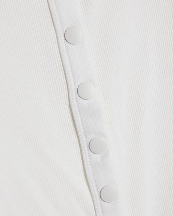 White Long Sleeve Ribbed Popper Top
